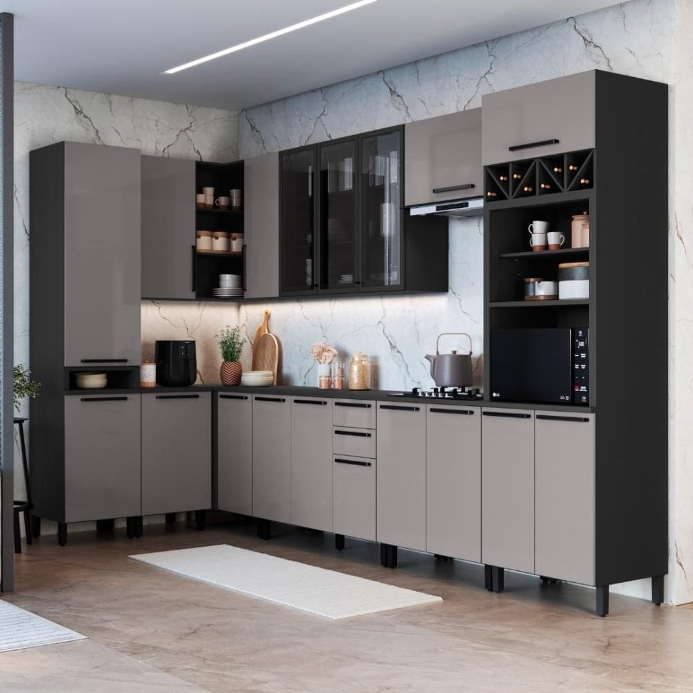 Cozinha Modulada Completa Fidelitá Mônaco 10 Peças 529cm 18 Portas 2 Gavetas Com Tampo Chumbo/titânio