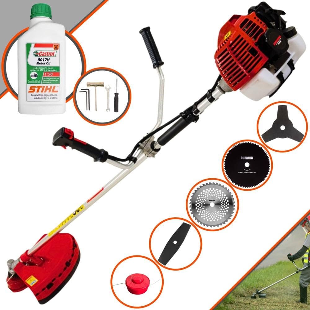 Roçadeira Podador de Grama Kawashima KW43L À Gasolina 43cc 1,7HP Com 6 Opções de Cortes, Carretel + Kit 4 Facas + Escova de Aço + ÓLEO STIHL 2T