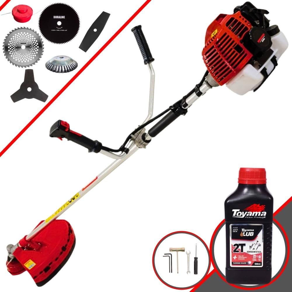 Roçadeira Kawashima KW43L À Gasolina 43cc 1,7HP 6 Em 1 Com Carretel + Faca 2 Pontas, 3 Pontas, 40 Dentes e 80 Dentes + Escova de Aço + ÓLEO TOYAMA