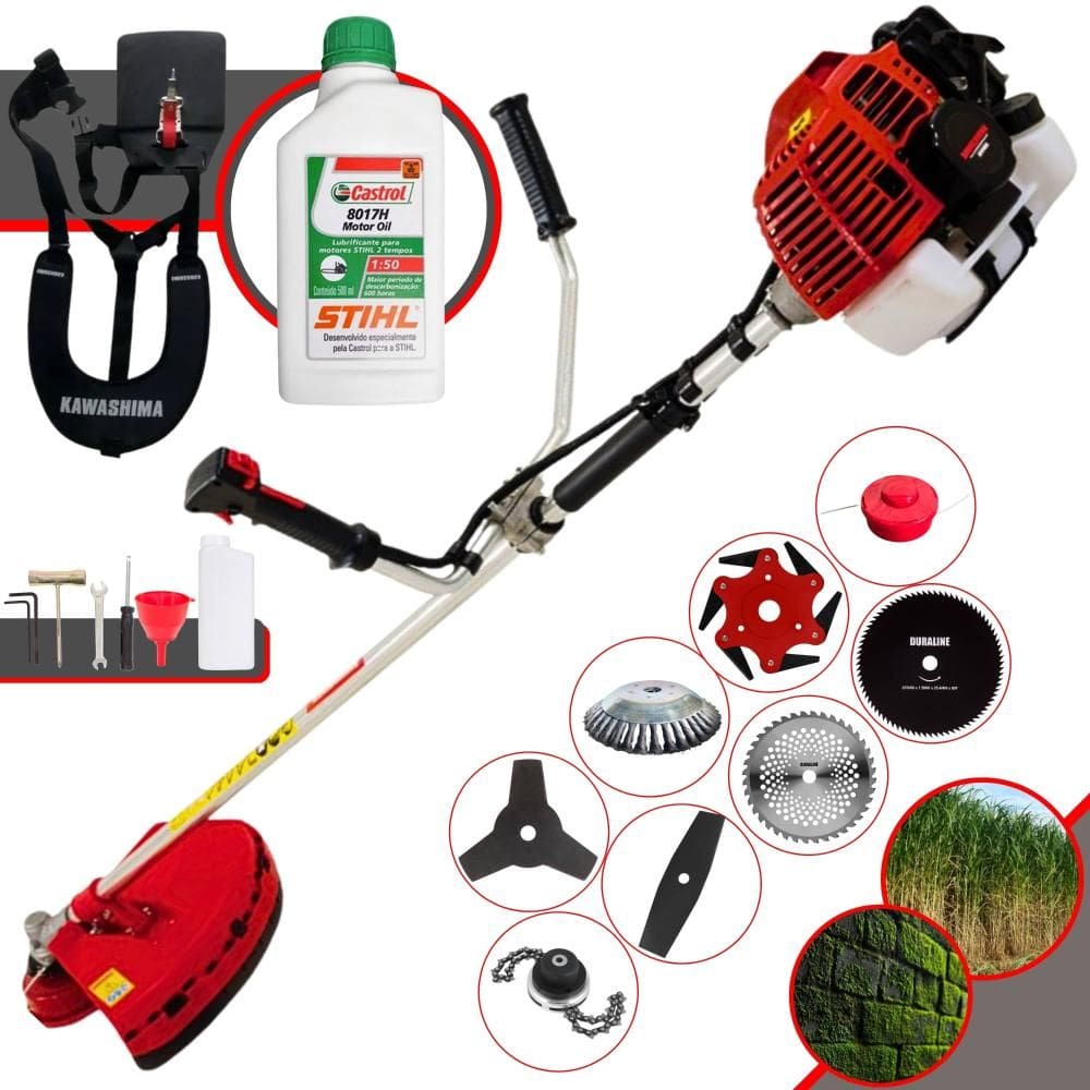 Roçadeira Kawashima KW43L 43cc 1,7HP + Facas 2 Pontas, 3 Pontas, 6 Pontas, 40 Dentes, 80 Dentes, Trimmer, Carretel, Escova de Aço + ÓLEO STIHL 2T