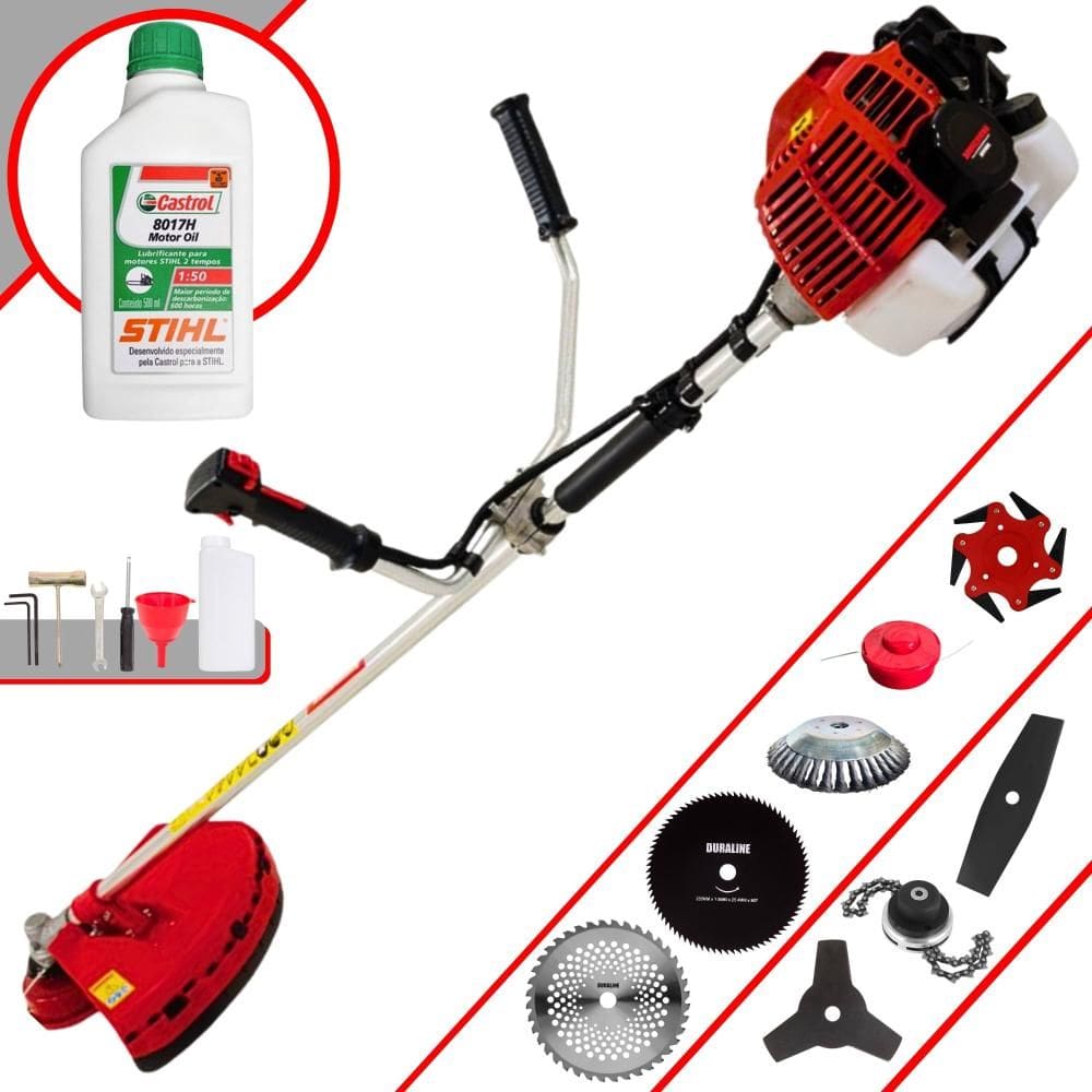 Roçadeira Kawashima KW43L 43cc 1,7HP Com Carretel + Facas 2 Pontas, 3 Pontas, 6 Pontas, 40 Dentes, 80 Dentes, Trimmer, Escova de Aço + ÓLEO STIHL 2T