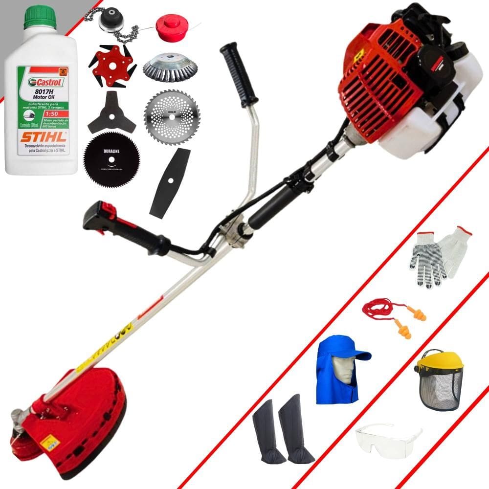 Roçadeira Kawashima KW43L 1,7HP 43cc + Facas 2 Pontas, 3 Pontas, 6 Pontas, 40 Dentes, 80 Dentes, Trimmer, Carretel e Escova + EPI + ÓLEO STIHL 2T