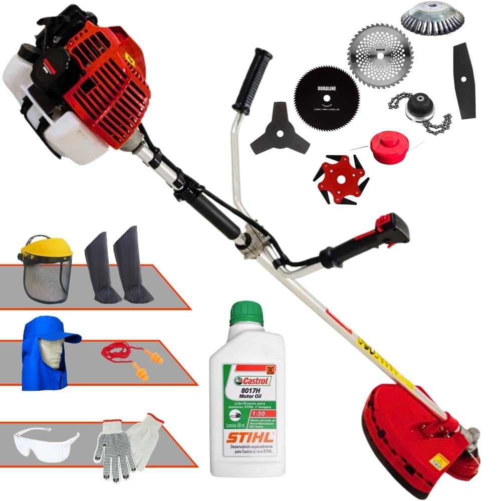 Roçadeira Kawashima KW43L 43cc Com Carretel + Facas 2 Pontas, 3 Pontas, 6 Pontas, 40 Dentes, 80 Dentes, Trimmer e Escova de Aço + EPI + ÓLEO STIHL