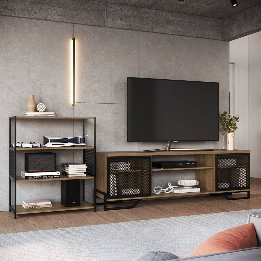 Combo Sala Rack e Estante Industrial Ferro Preto Kit