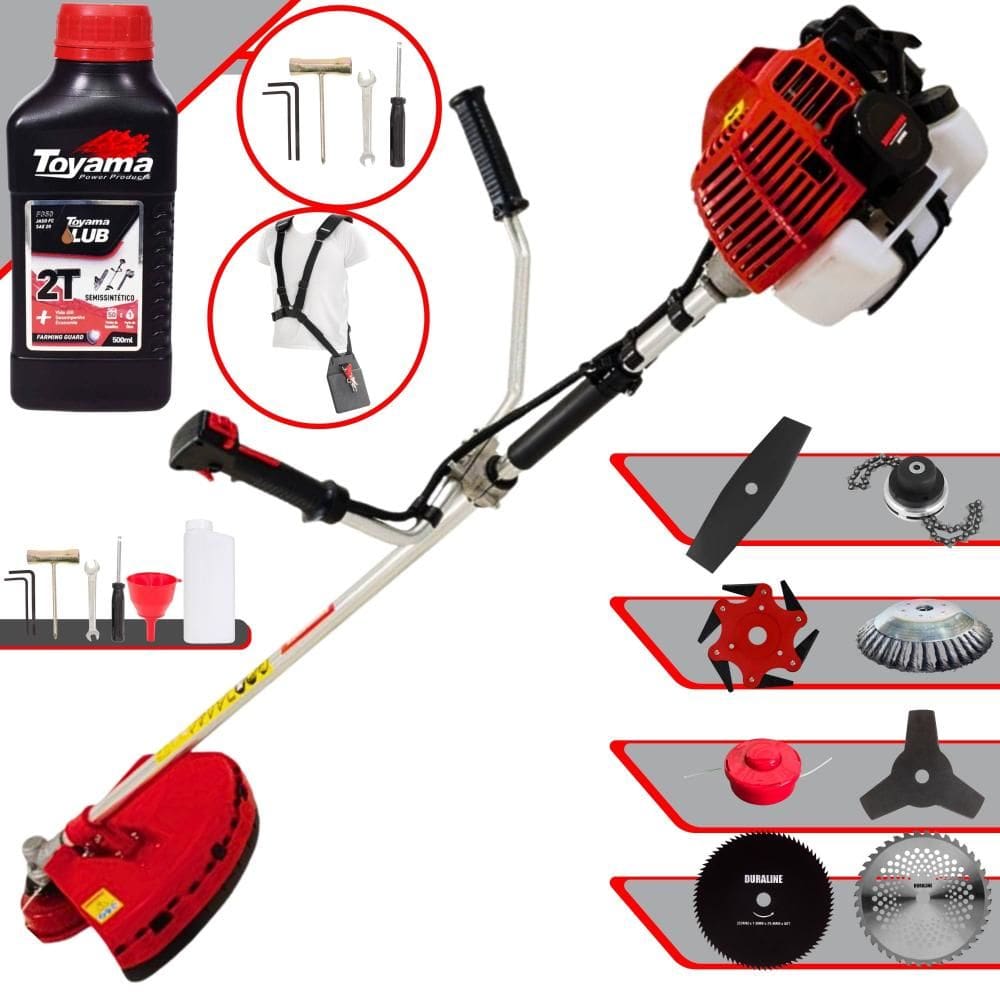Podador de Grama Kawashima KW43L 43cc + Facas 2 Pontas, 3 Pontas, 6 Pontas, 40 Dentes, 80 Dentes, Trimmer, Carretel, Escova de Aço + ÓLEO TOYAMA 2T