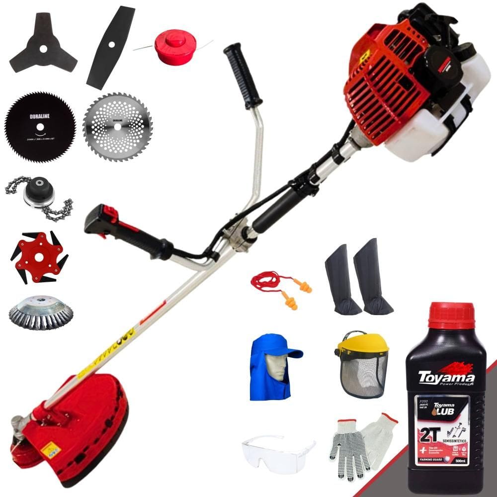 Roçadeira Robusta Kawashima KW43L À Gasolina 43cc 1,7HP de Potência Alta Rotação Com Carretel de Nylon + Kit 7 Opções de Cortes + EPI + ÓLEO TOYAMA