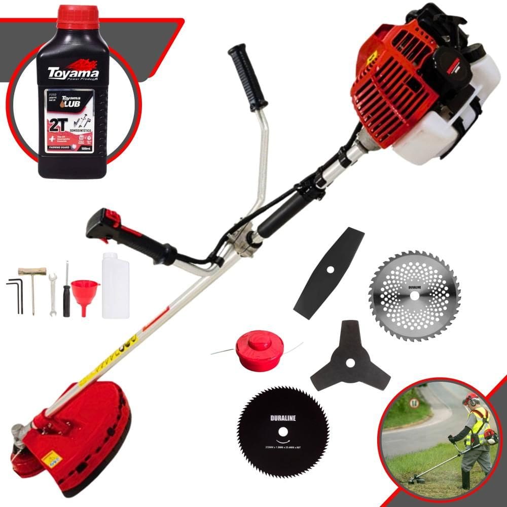 Roçadeira Kawashima KW43 À Gasolina 43cc 1,7HP Com Faca 2 Pontas + Faca 3 Pontas + Faca 40 Dentes + Faca 80 Dentes + Carretel Nylon + ÓLEO TOYAMA 2T