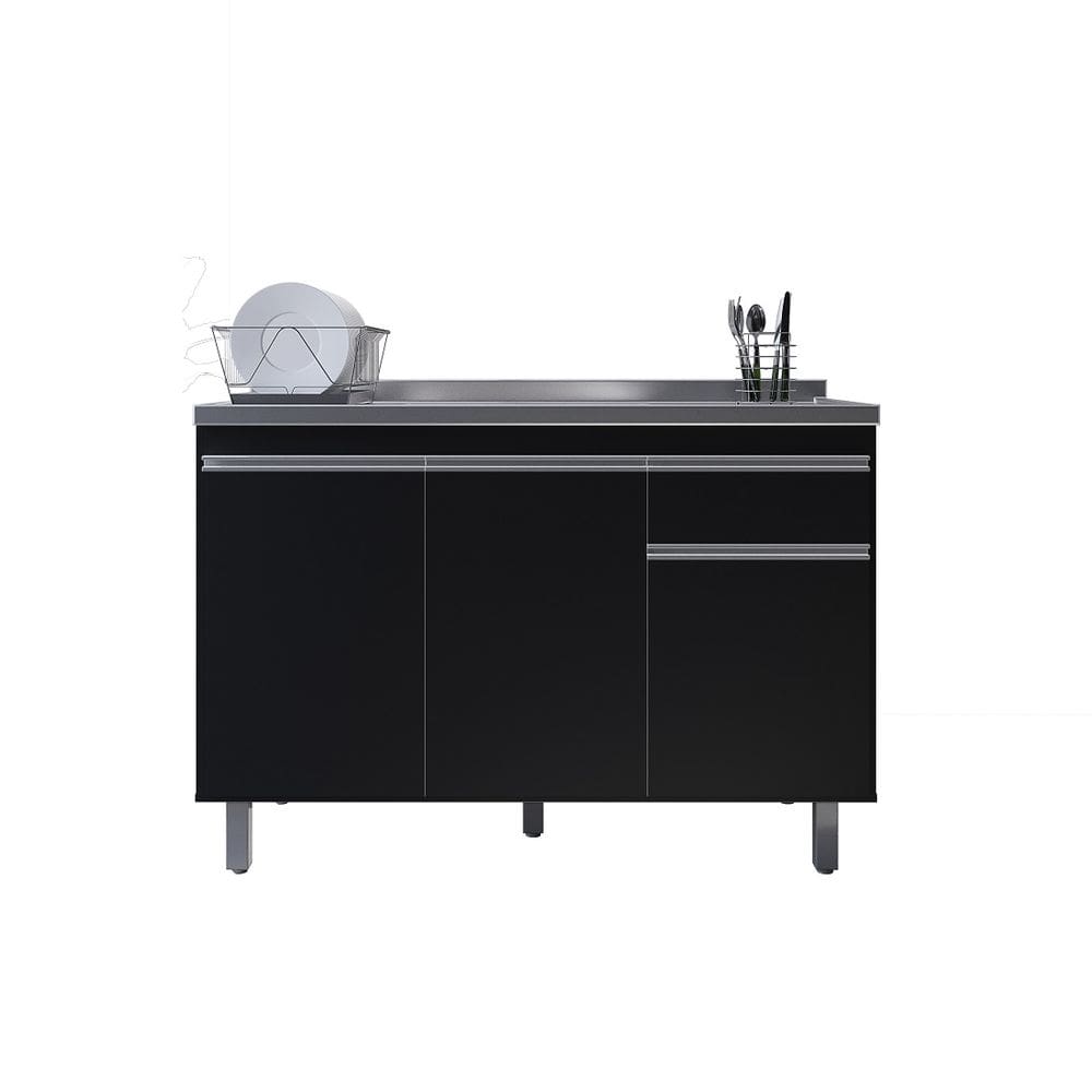 Gabinete P/ Pia de Inox 120cm Preto 3 Portas 1 Gaveta S/ Tampo