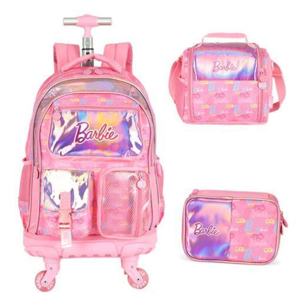 Kit Mochila Rodinhas Com Led Barbie Com Chaveiro