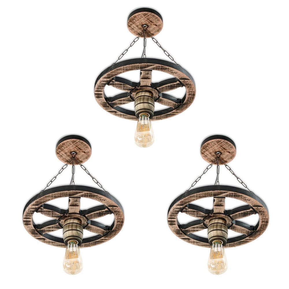 Kit 3 Pendente Luminária Roda De Carroça 33Cm Colonial Retrô