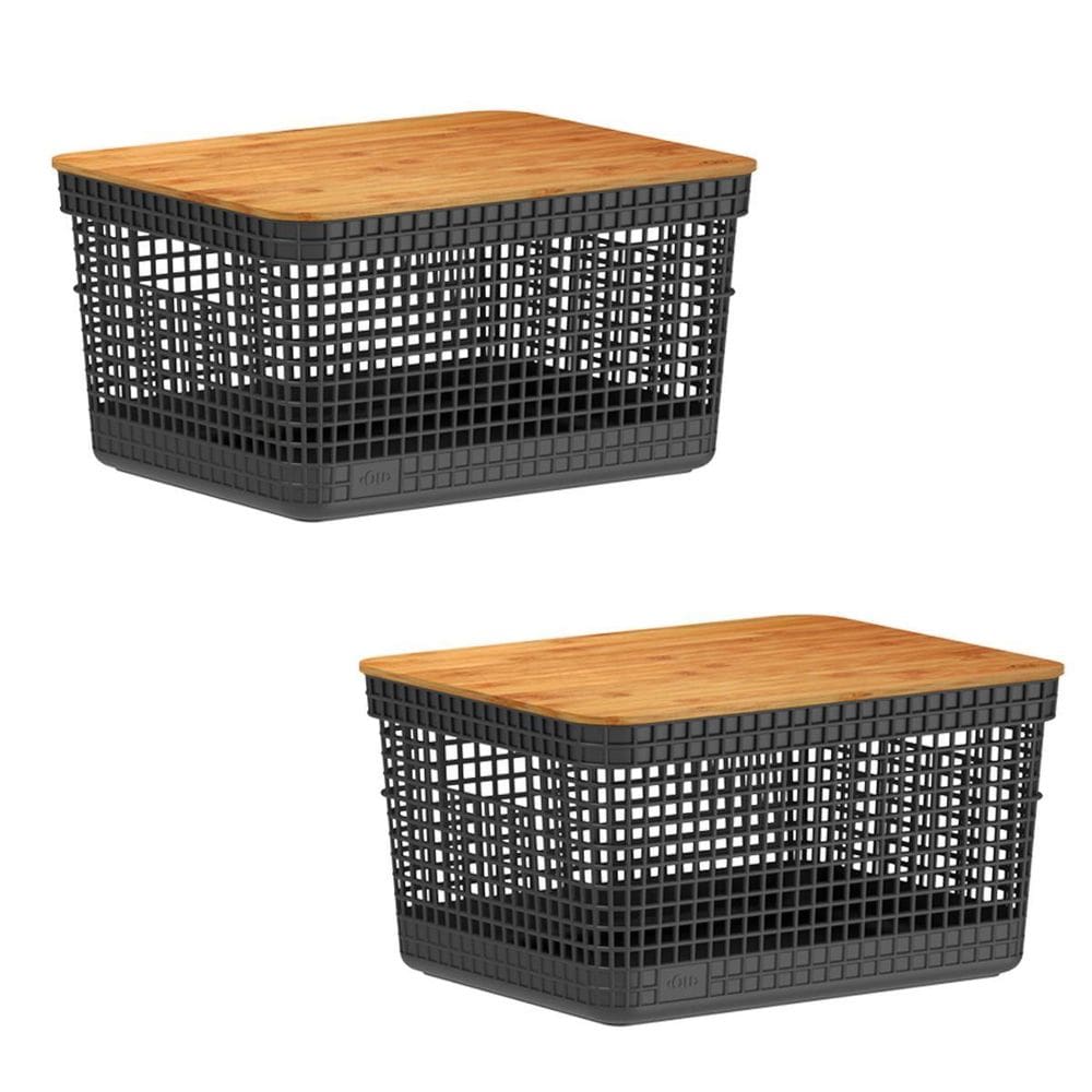 2X Caixa Organizadora Cesto Tampa De Bambu 8 Litros Grid Ou