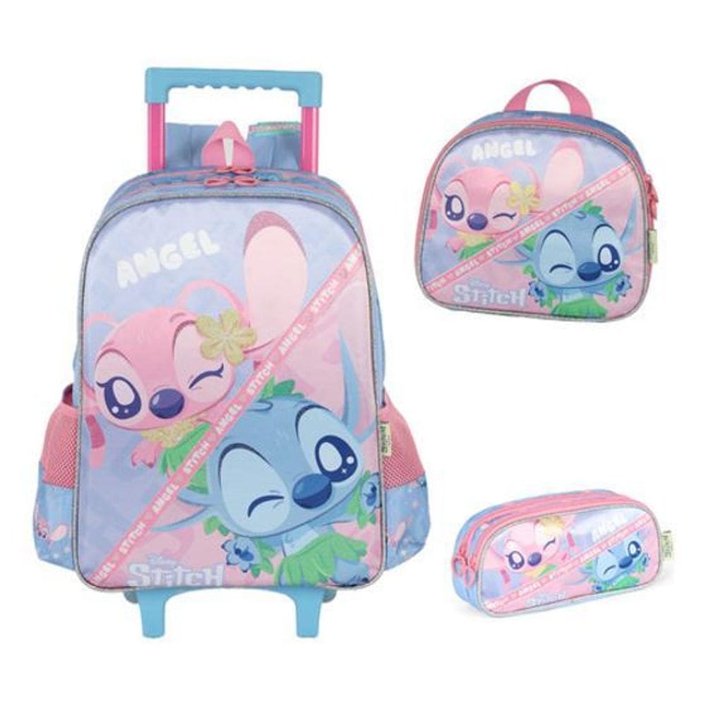 Kit Mochila Rodinhas E Costas Lancheira Estojo Stitch Angel