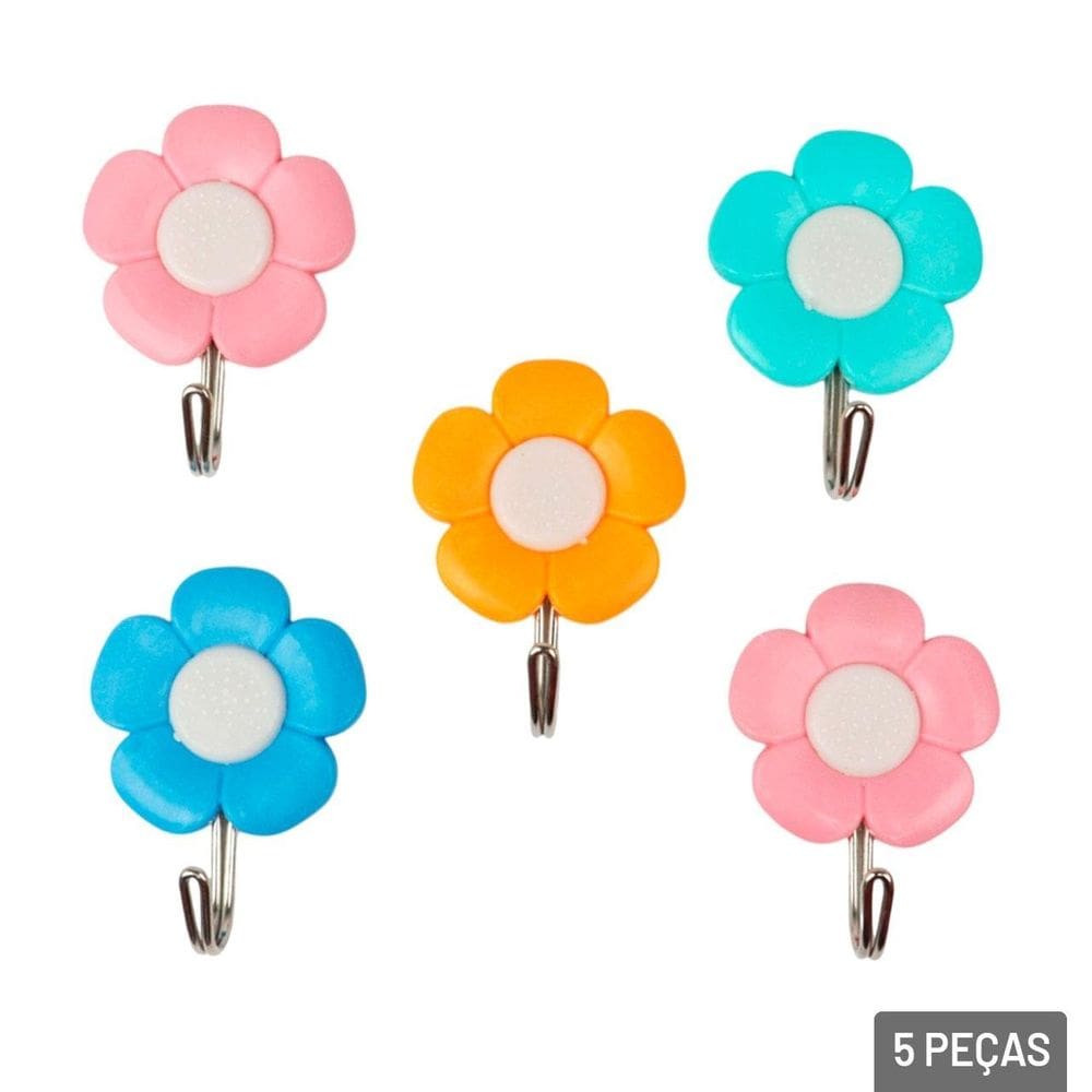 Gancho de Plástico 5 Pçs 5,5cm Adesivo Flores - Tudo em Caixa
