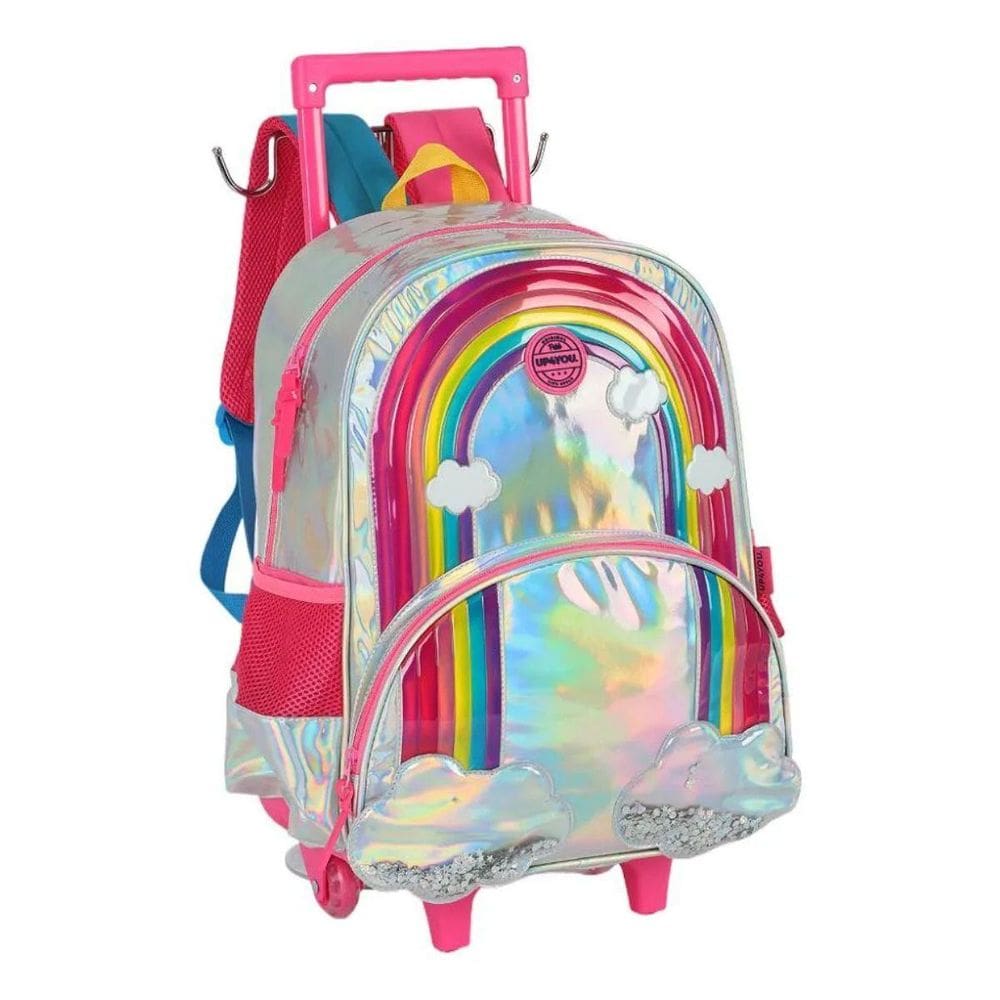 Mochila Rodinhas Alça Holográfica Up4You Arco Íris Prata