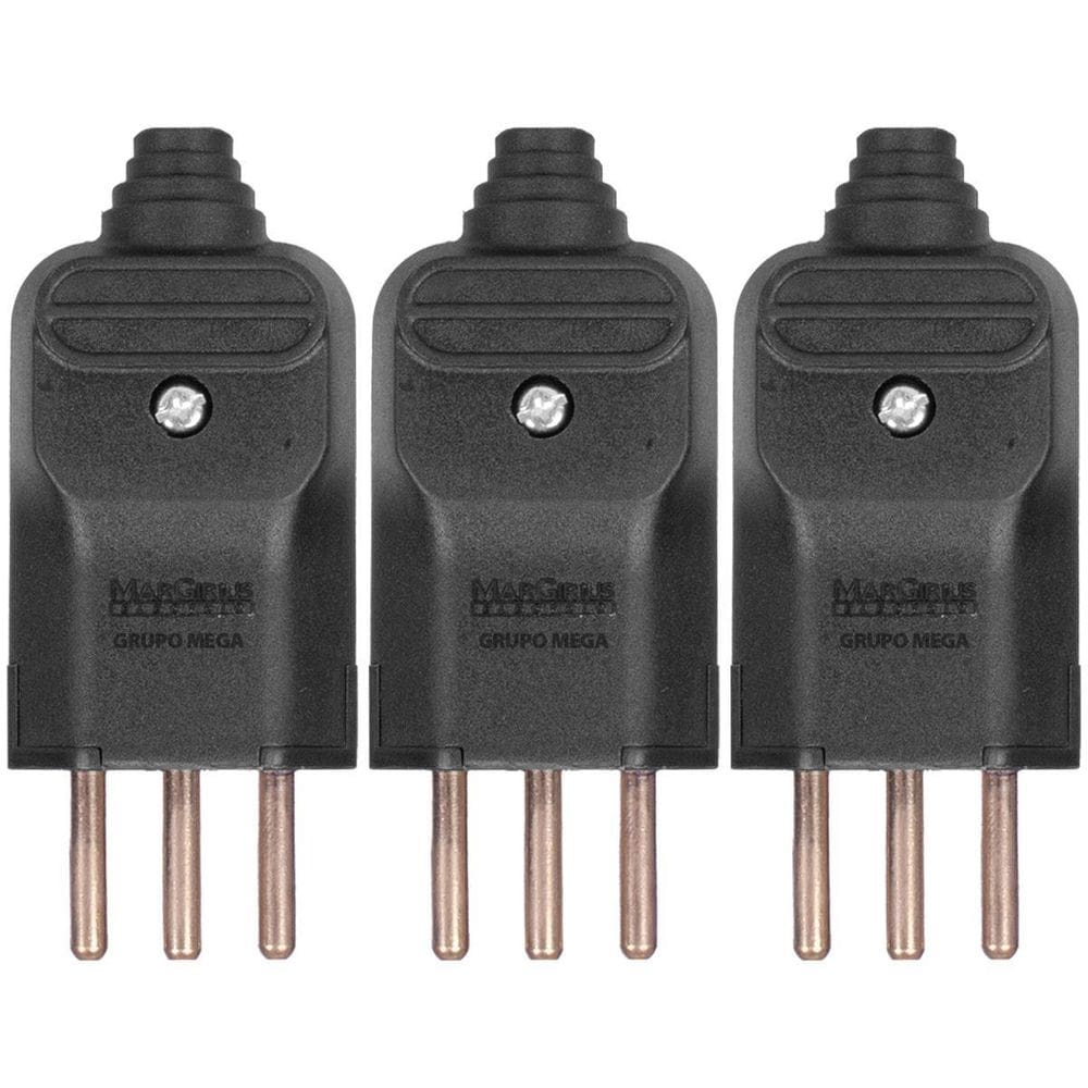 3 Tomada Macho Prensa Cabo 2P+T 10A Plug Fino Preto
