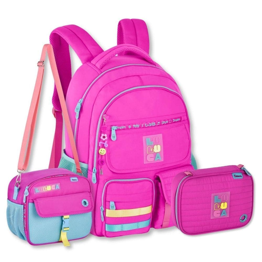 Kit Luluca Mochila Com Lancheira E Estojo Box Escolar Rosa