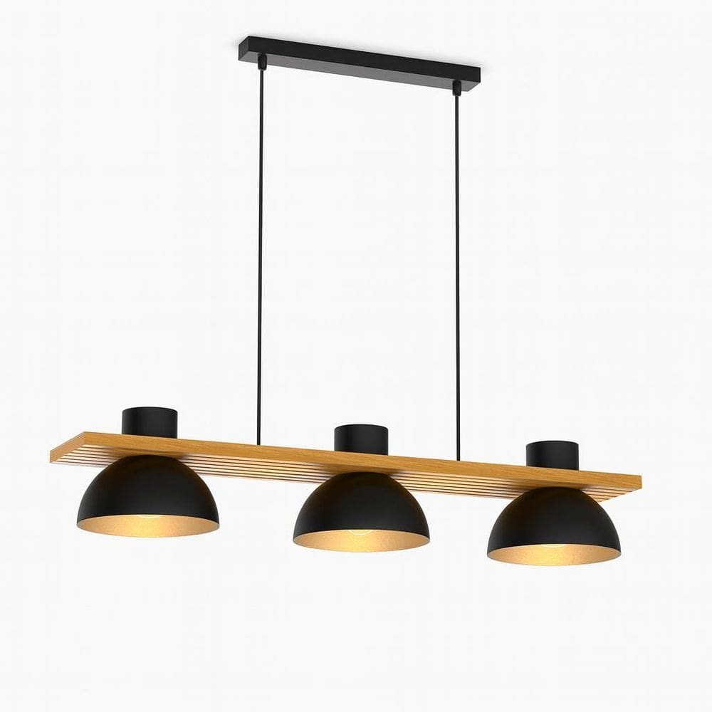 Pendente Triplo Moderno Em Madeira E Metal Preto 90Cm