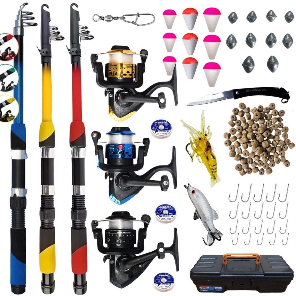 Kit Pesca Completo 3 Varas Telescópica + 3 Molinetes + Iscas