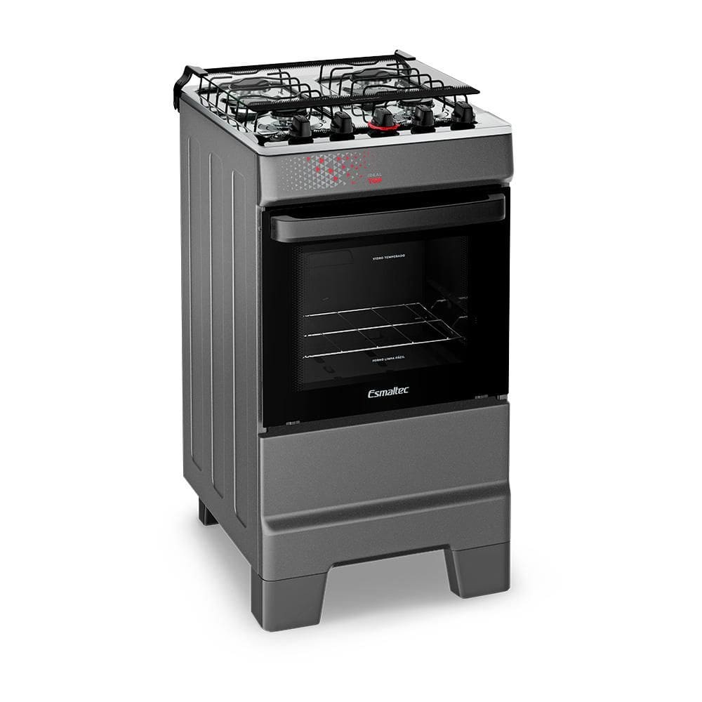 Fogão a Gás Mesa Inox Tampa de Vidro Forno 50L Limpa Fácil e Acendimento Automático Esmaltec IDEAL Top T4IAT Cor Titanium 4 bocas Bivolt