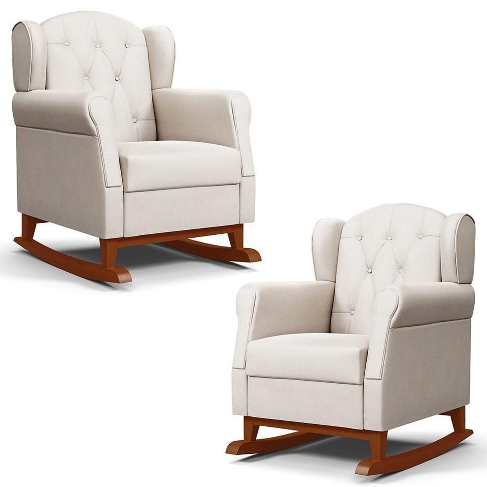 Kit 02 Poltronas Amamentação Base Madeira Balanço Lucy P04 Suede Bege - Mpozenato