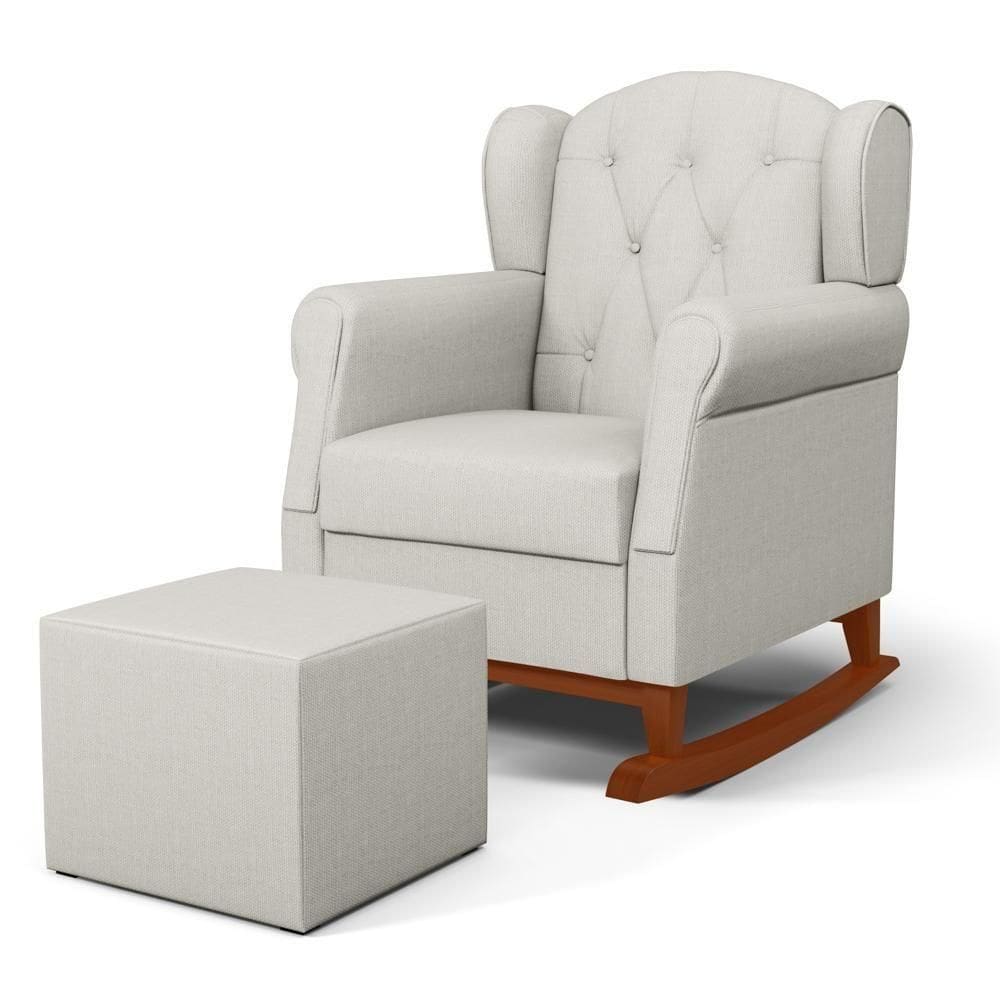 Poltrona Amamentação Base Madeira Balanço E Puff Letícia Linho Off White - Phoenix