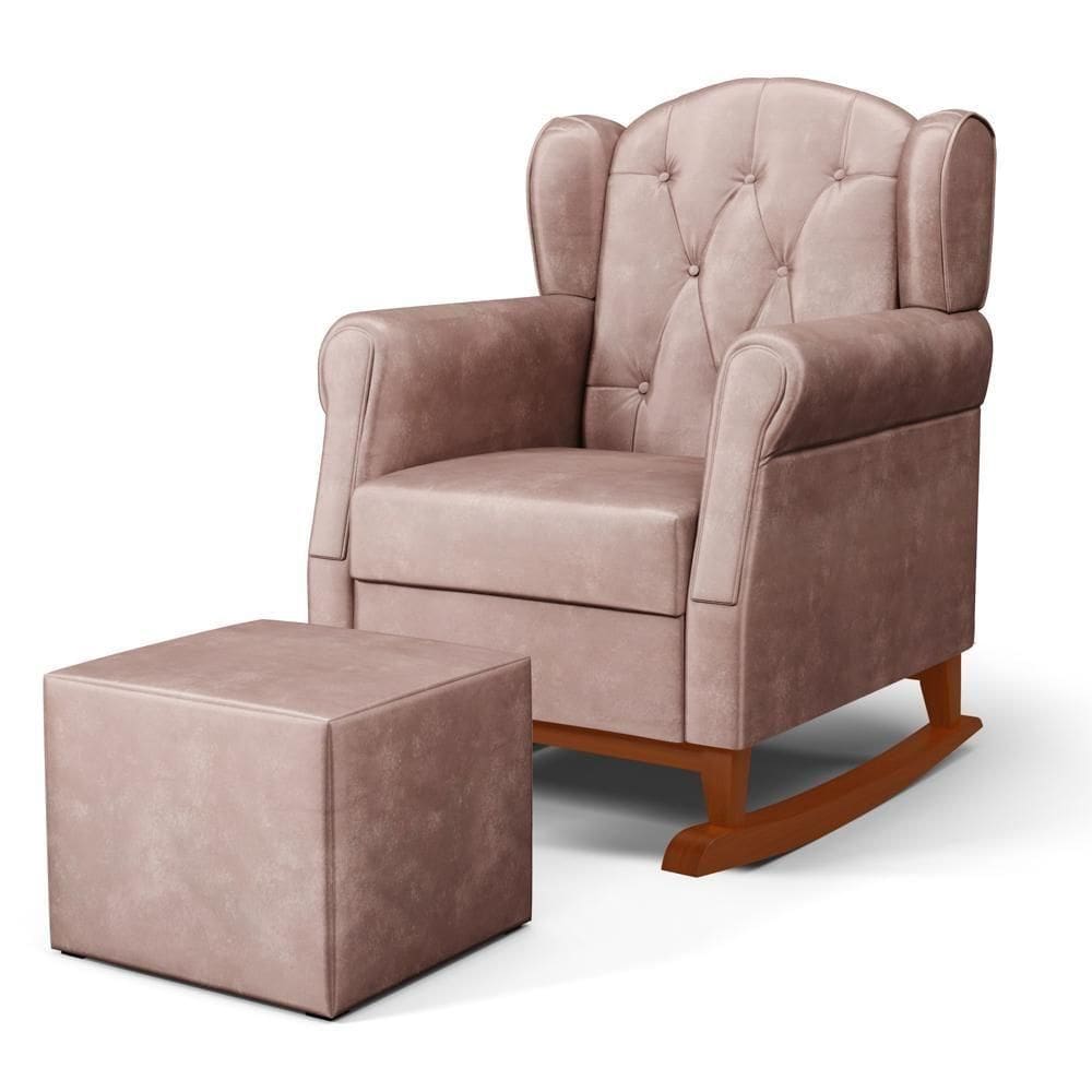 Poltrona Amamentação Base Madeira Balanço E Puff Letícia Veludo Rosê - Phoenix