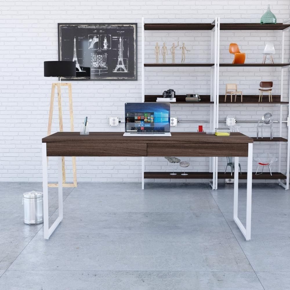 Mesa Diretor 150x60x75cm Com 2 Gavetas Kuadra Nogal Estrutura Branca