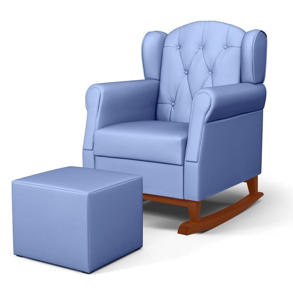 Poltrona Amamentação Base Madeira Balanço E Puff Letícia Sintético Azul - Phoenix