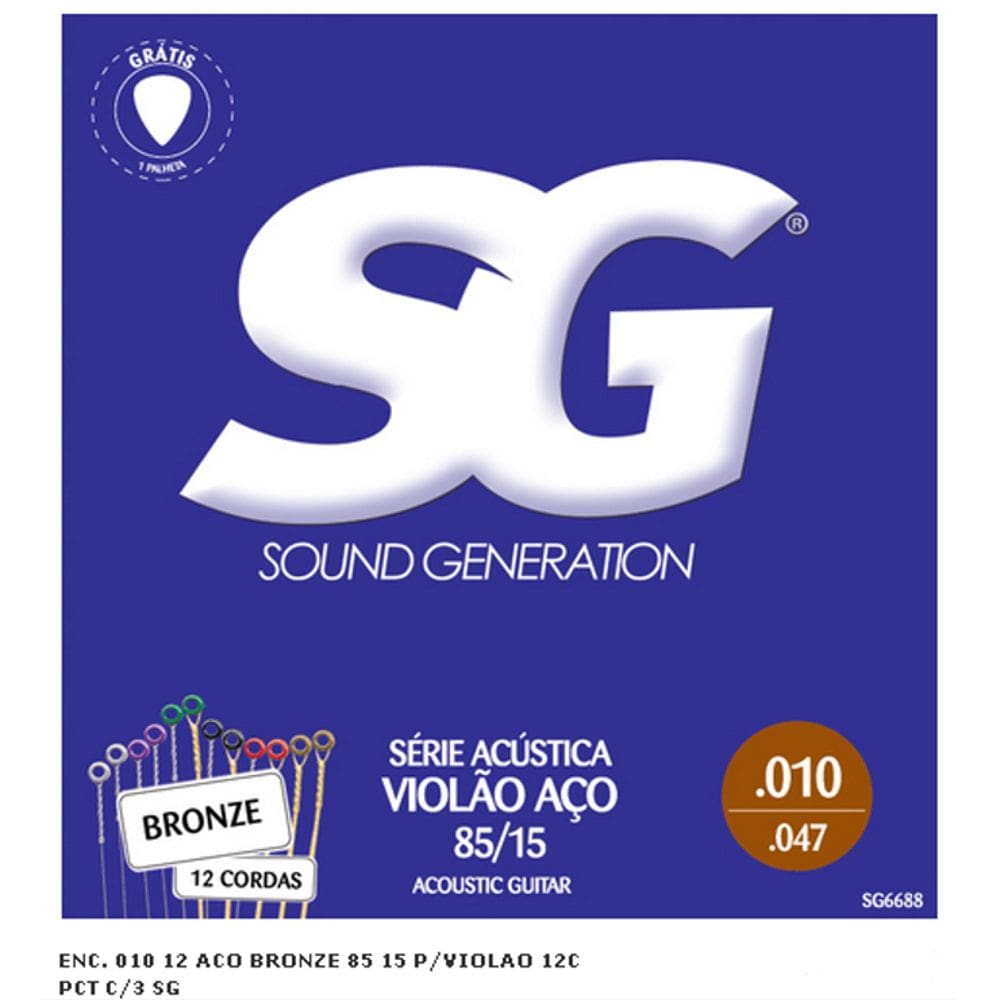 Encordoamento Violão 12 cordas Aço 010 SG Palheta