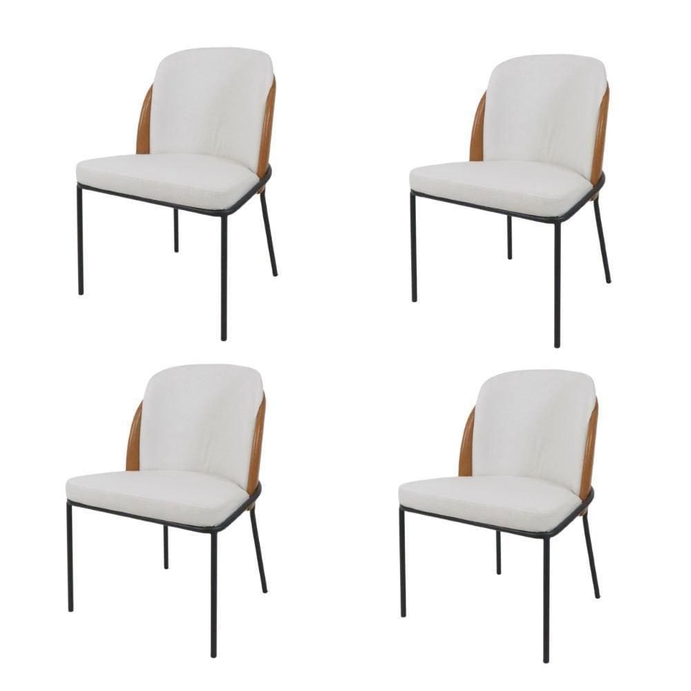 Kit 4 Cadeiras De Jantar Nevada Com Encosto Curvo Estofada Em Linho Cru E Couro Sintético Creme