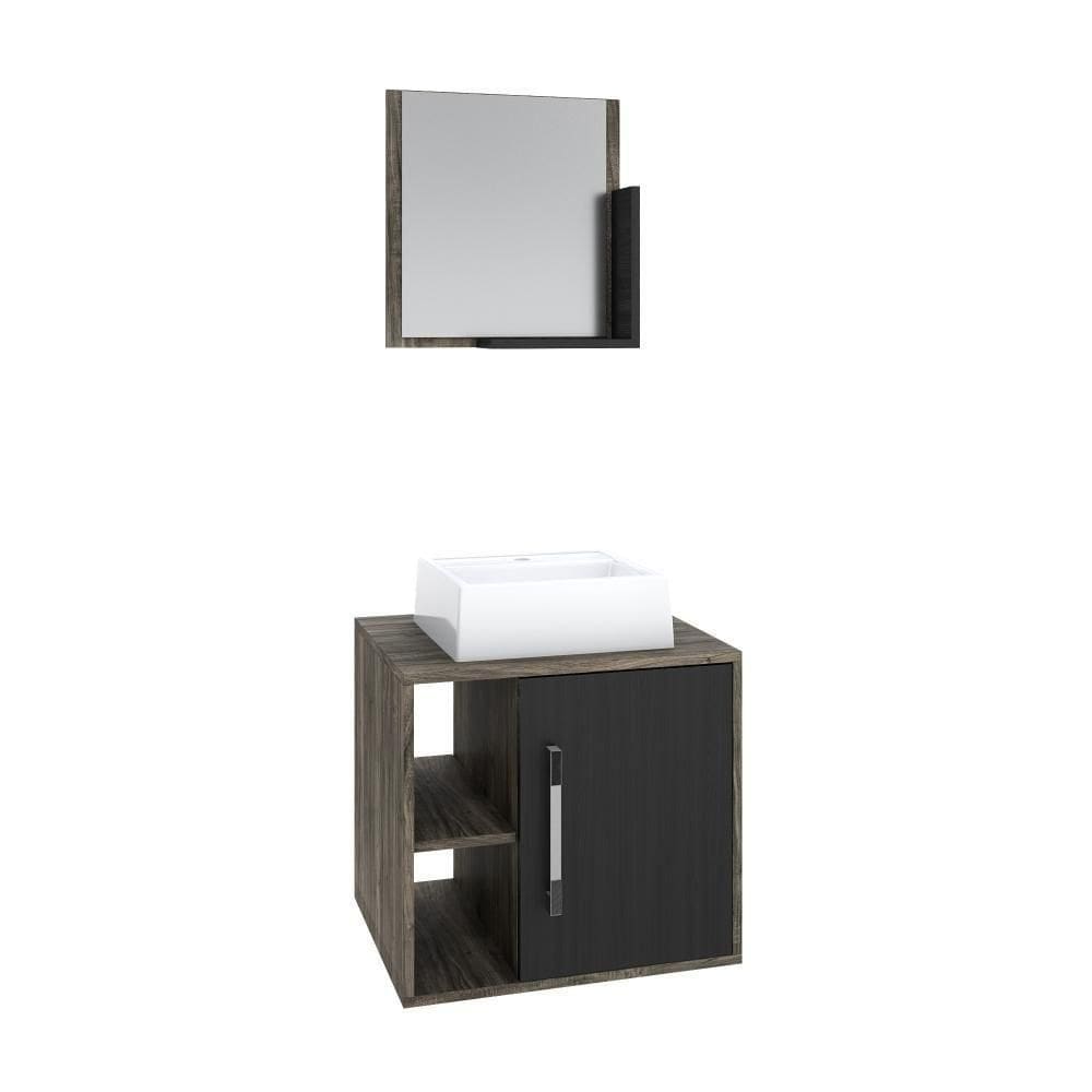 Conjunto Balcão C-cuba Q32 E Espelheira Soft 500 Carvalho Dark C-branco Chess Carvalho Dark C-preto ônix