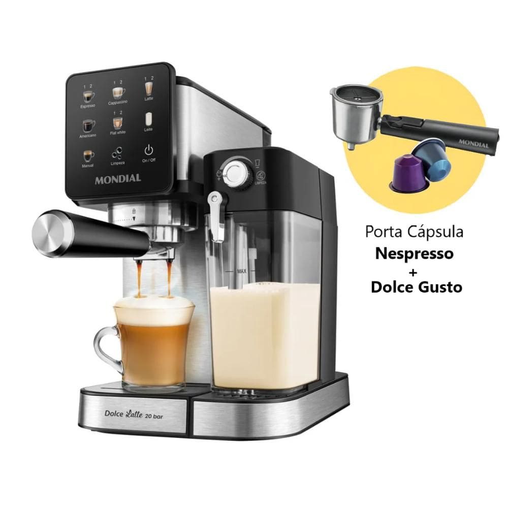 Kit Cafeteira Espresso Mondial Dolce Latte 1350W Preto/Inox 220V + Porta Cápsula Nespresso e Dolce Gusto