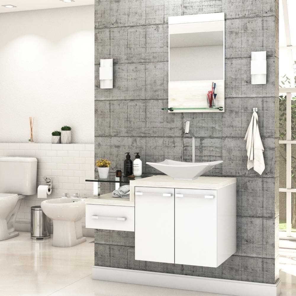 Conjunto Balcão C-cuba L38 E Espelheira Legno 831 Branco Chess C-preto ônix Branco Chess C-snow