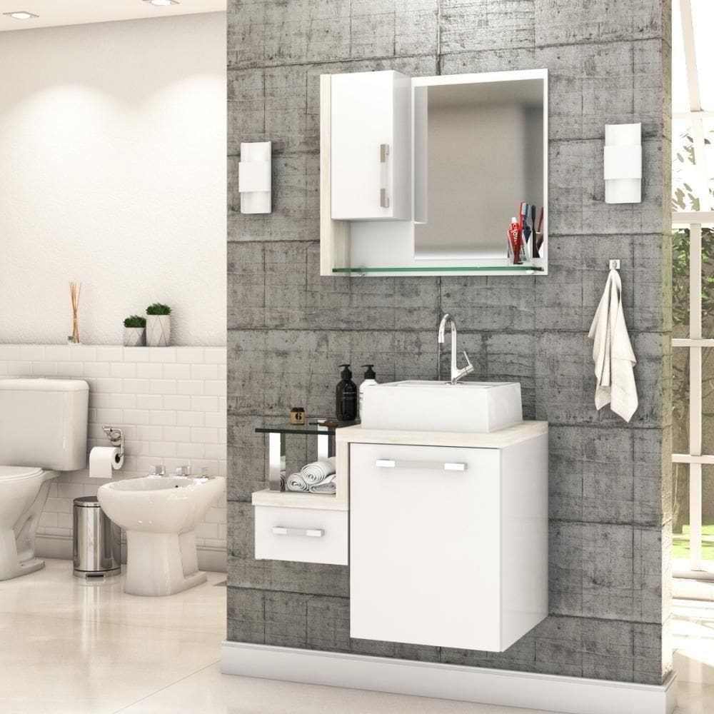 Conjunto Balcão C-cuba Q32 E Espelheira Legno 630 Branco Chess C-preto ônix Branco Chess C-snow