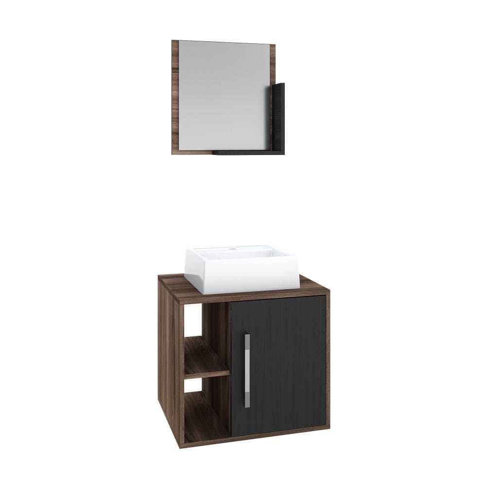 Conjunto Balcão C-cuba Q32 E Espelheira Soft 500 Nogal C-branco Chess Nogal C-preto ônix