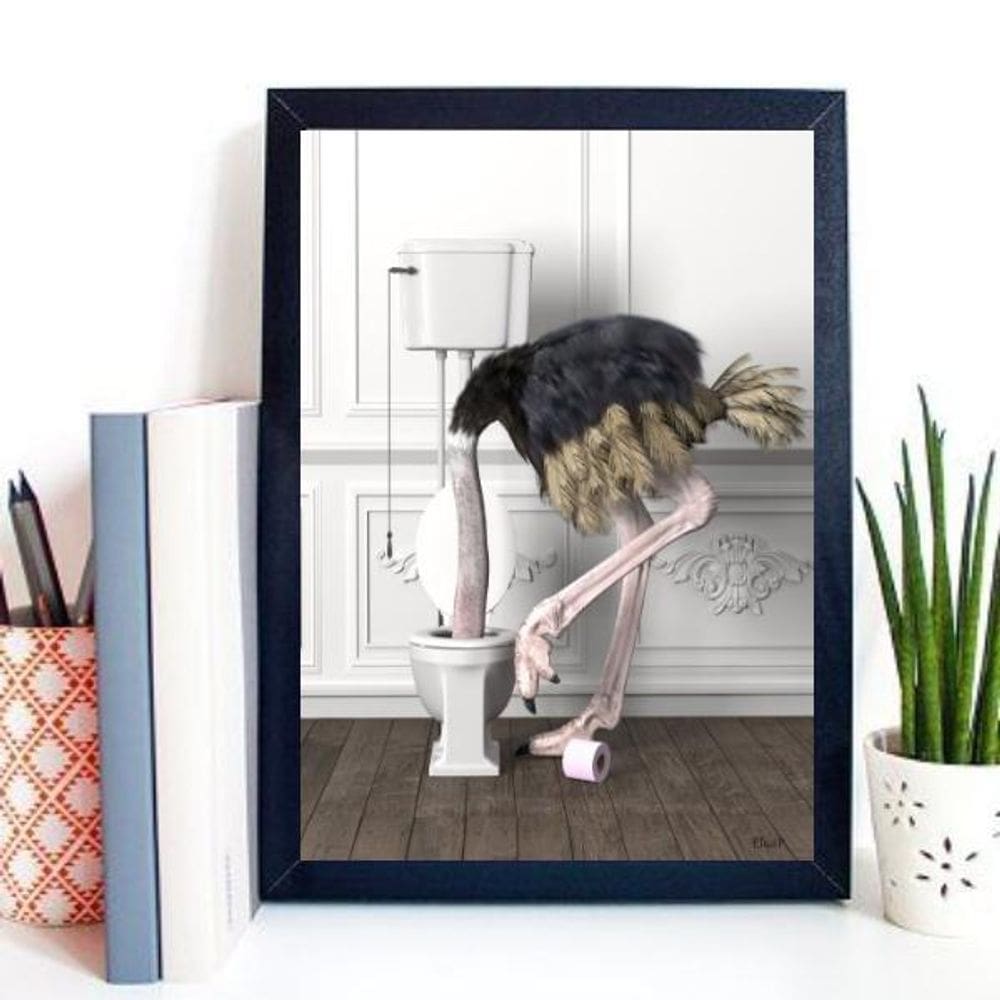 Quadro Divertido Banheiro - Avestruz 45X34Cm - Com Vidro