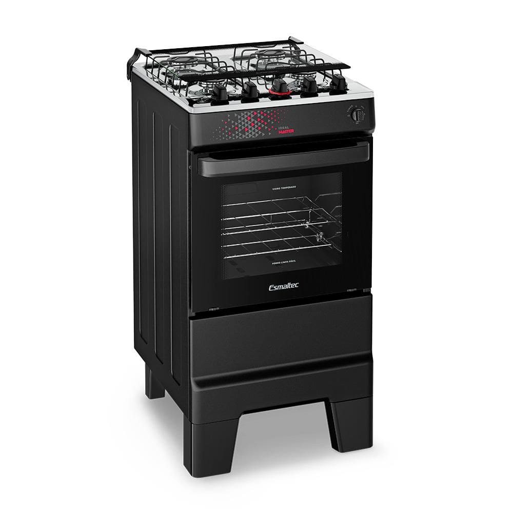 Fogão a Gás Mesa Inox Tampa de Vidro Timer Forno 50L Limpa Fácil e Acendimento Automático Esmaltec IDEAL Master T4ITP Cor Preto 4 bocas Bivolt