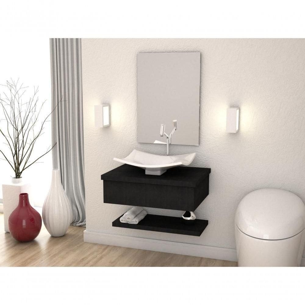 Conjunto Bancada C-cuba F44, Prateleira E Espelheira Metrópole 606 Nogal Preto ônix