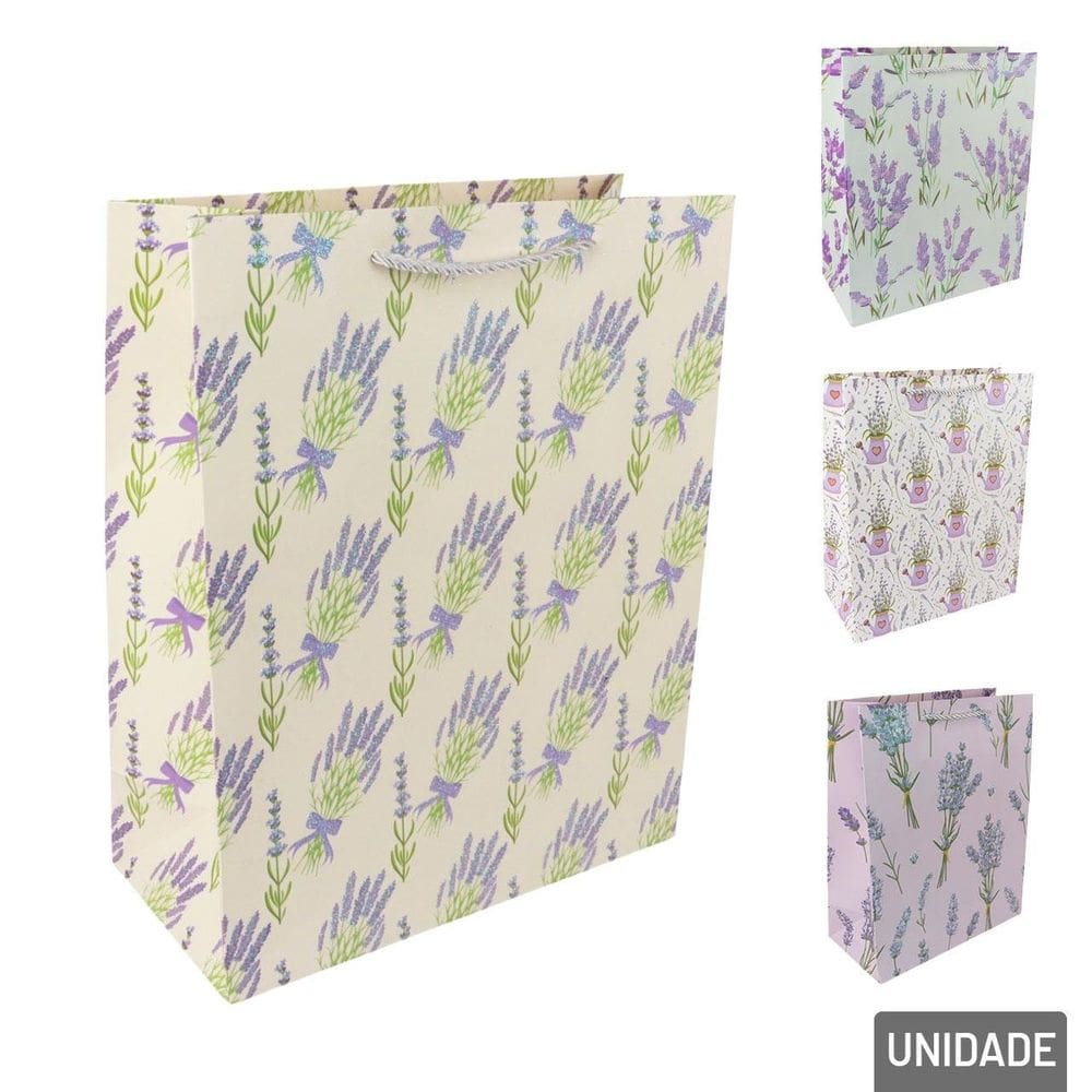 Sacola de Papel 32x26cm Flores Lavanda Glitter - Tudo em Caixa