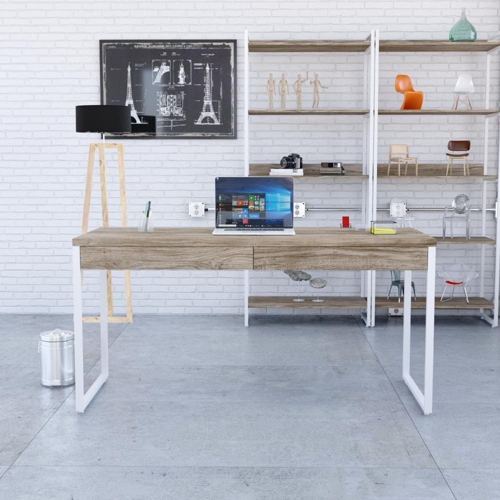 Mesa Diretor 150x60x75cm Com 2 Gavetas Kuadra Carvalho Estrutura Branca
