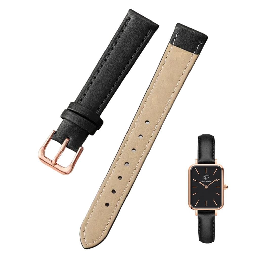 Pulseira Relógio em Couro Preto com Fivela Aço Rosê 10mm