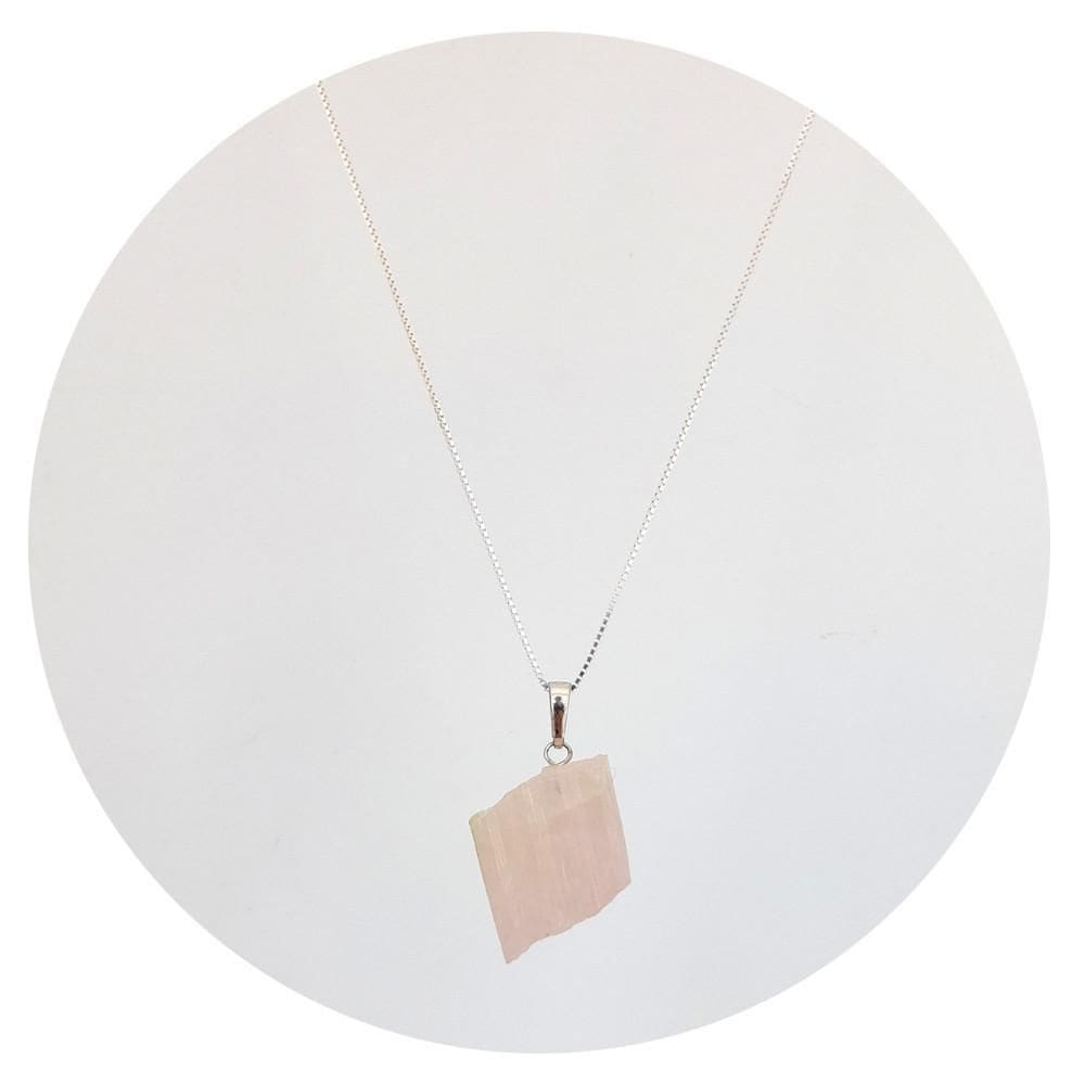 Colar 60Cm Prata 925 Quartzo Rosa Bruto - Natural E