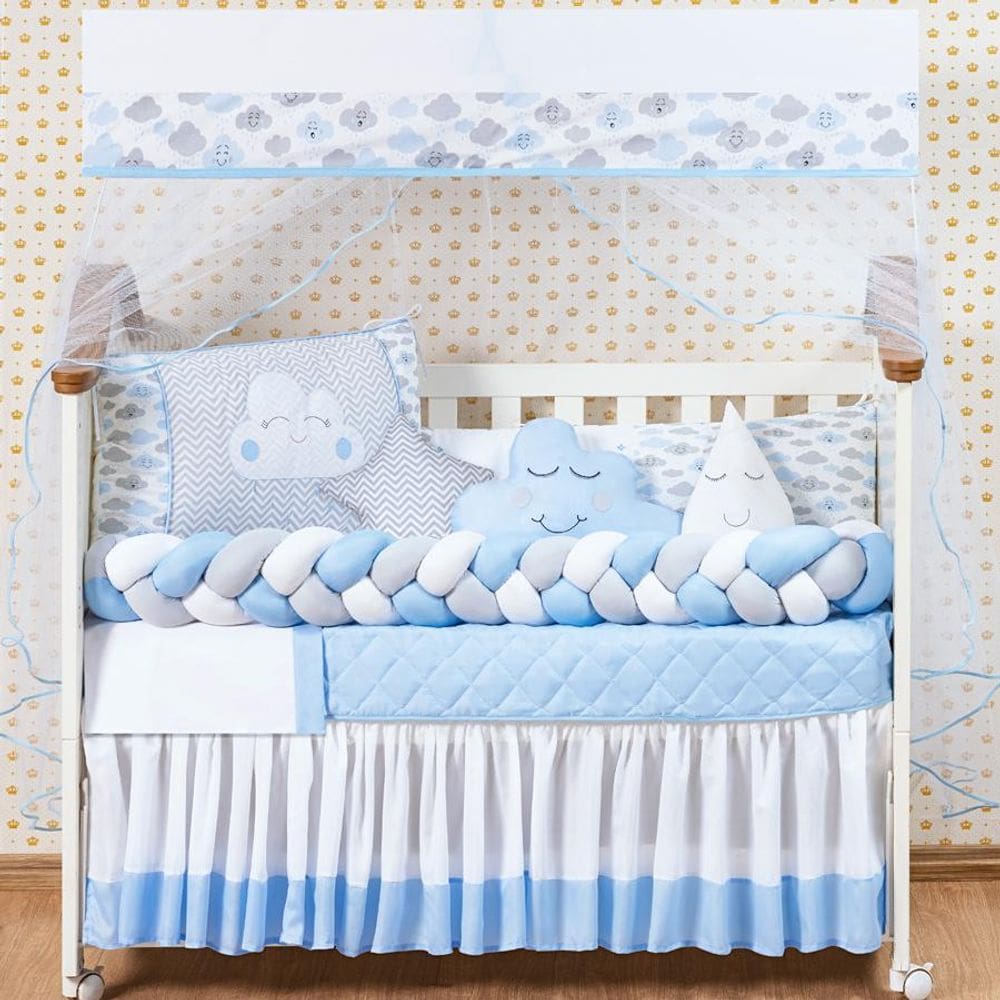 Kit Berço Nuvem Menino 12 Peças Azul 100% Algodão
