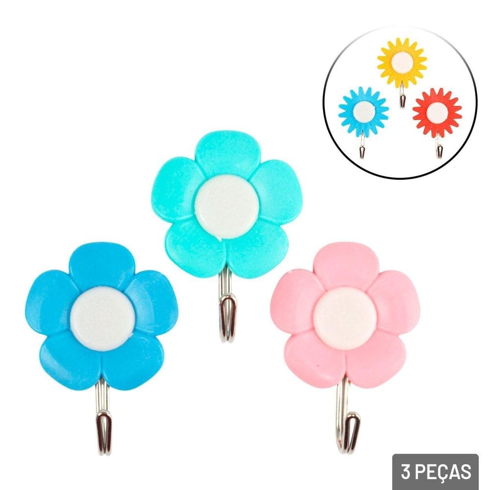 Gancho de Plástico 3 Pçs 5cm Adesivo Flores Color - Tudo em Caixa