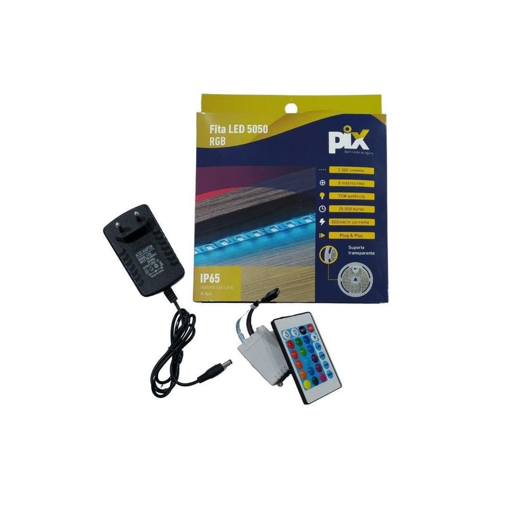 Kit Fita Led Rgb 5050 Ip65 5M Com Controle E Fonte