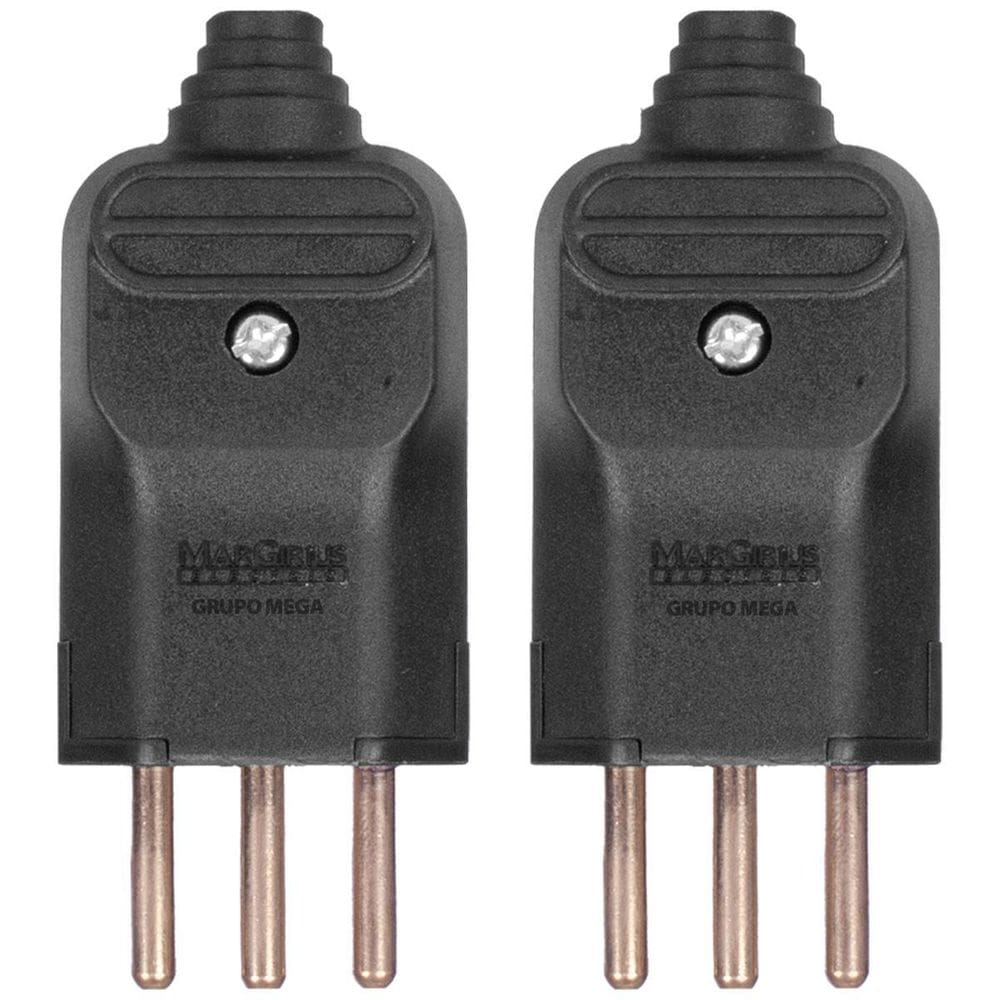 2 Tomada Macho Prensa Cabo 2P+T 10A Plug Fino Preta