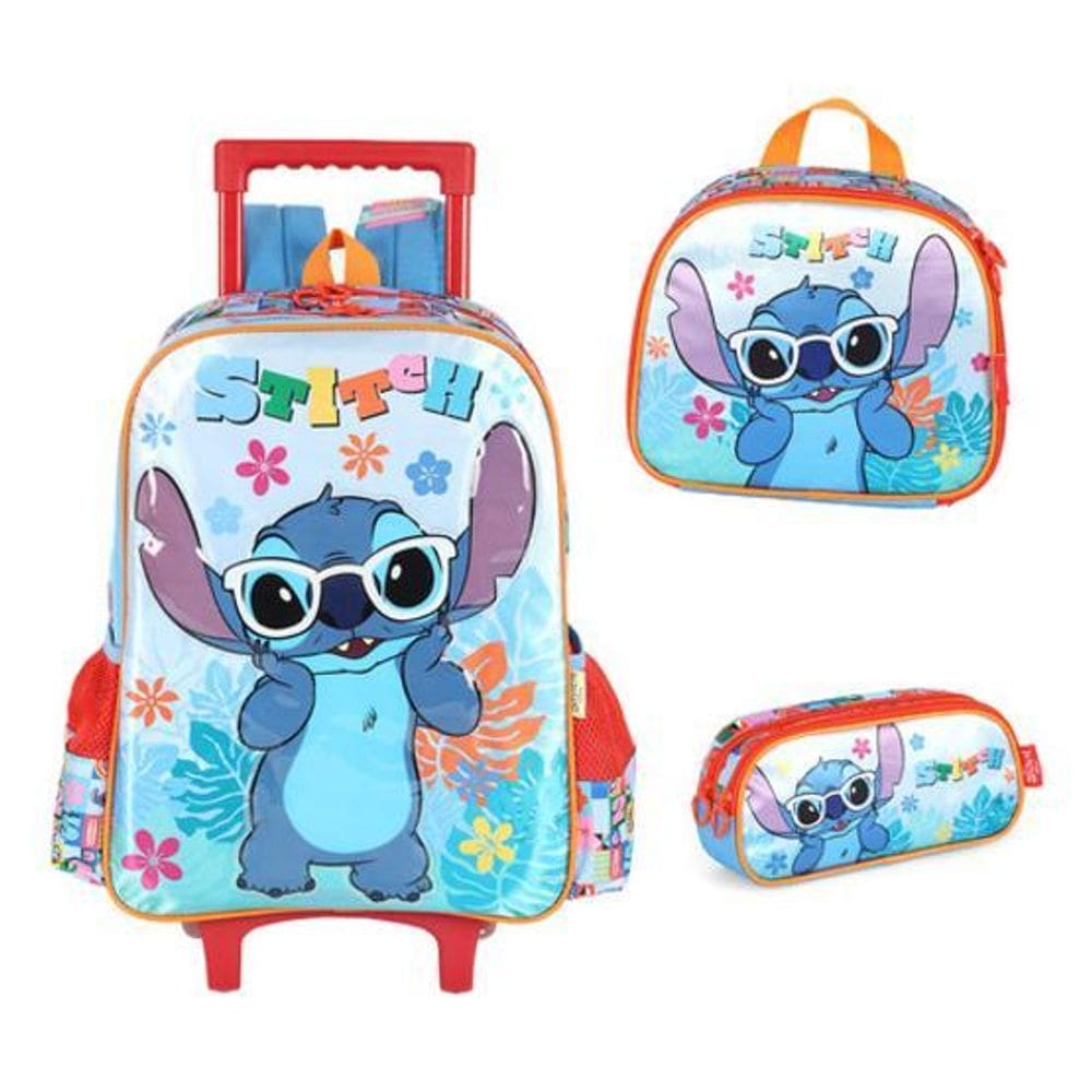 Kit Mochila Rodinhas E Costas Lancheira Estojo Stitch Angel