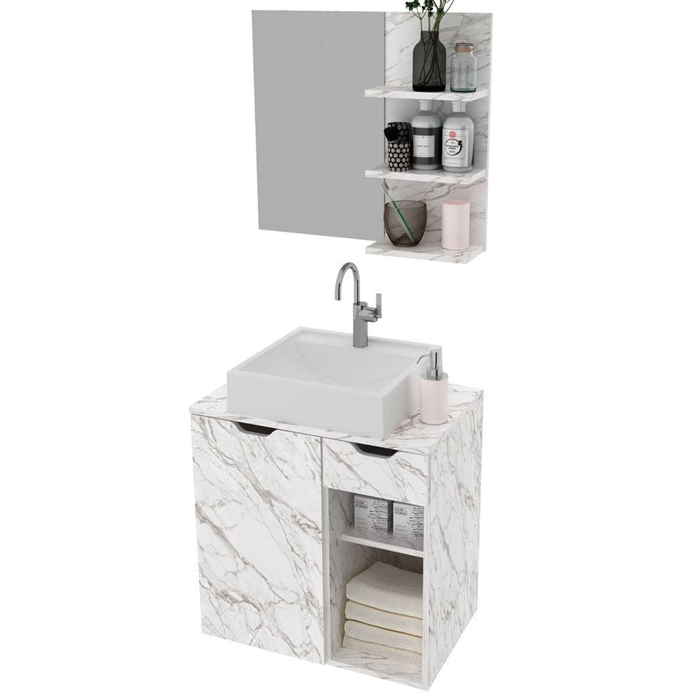 Kit Gabinete e Espelheira de Banheiro 60 cm Cuba Romana