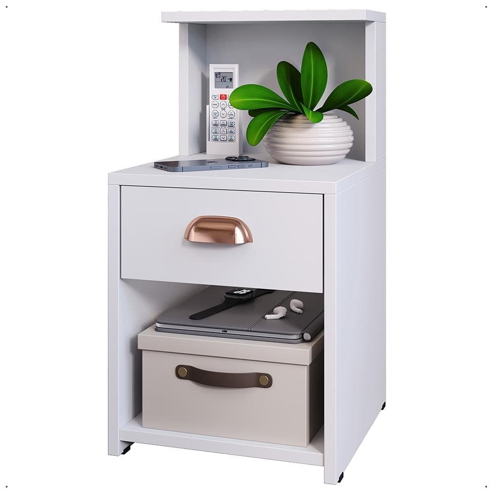 Mesa Cabeceira Cléo Branco 1 Gaveta Organizadora Puxador Concha Nicho Prateleira Suspensa Decoração Lateral Cama - Lojas RPM