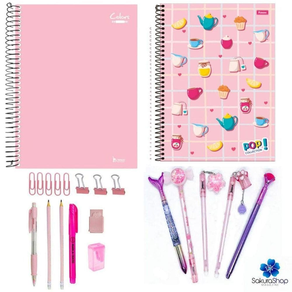 Kit Papelaria Tons Rosa Fofa Kawaii Cor Rosa Escolar Neon